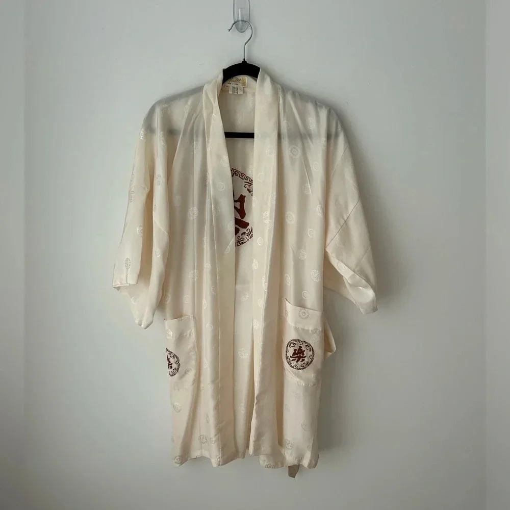 Vintage Silk Asian Kimono 1970’s Embroidered White and Gold Silk Kimono 70’s